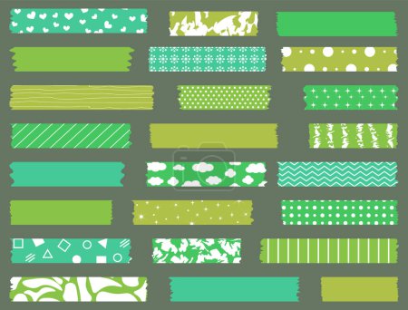 Ilustración de Gran juego de cintas verdes y blancas. Colección de cintas Washi con patrón en vector. Trozos de cinta decorativa para álbumes de recortes. Conjunto de etiquetas vintage - Imagen libre de derechos