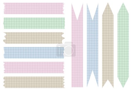 Illustration for Set of paper sheets. Pieces of decorative tape for scrapbooks. Washi tapes collection in vector. Ripped paper. Torn pieces of paper from a notebook in a cell. Colorful ribbons - Royalty Free Image