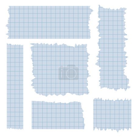 Illustration for Set of paper sheets. Pieces of decorative tape for scrapbooks. Washi tapes collection in vector. Ripped paper. Torn pieces of paper from a notebook in a cell. Blue ribbons - Royalty Free Image