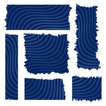 Ilustración de Conjunto de cintas azules. Colección de cintas Washi con patrón abstracto. Trozos de cinta decorativa para álbumes de recortes. Set de etiquetas vintage. Elementos vectoriales para el diseño - Imagen libre de derechos
