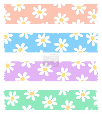 Set von bunten Washi-Bändern mit Blumen isoliert auf weiß. Washi Tapes Sammlung in Vektor. Stücke von dekorativem Band für Sammelalben. Zerrissenes Papier. Muster mit Gänseblümchen