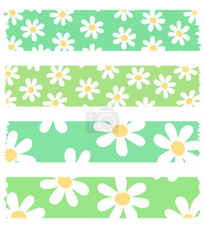 Conjunto de coloridas cintas washi con flores aisladas en blanco. Colección de cintas Washi en vector. Trozos de cinta decorativa para álbumes de recortes. Papel desgarrado verde. Patrón con margaritas