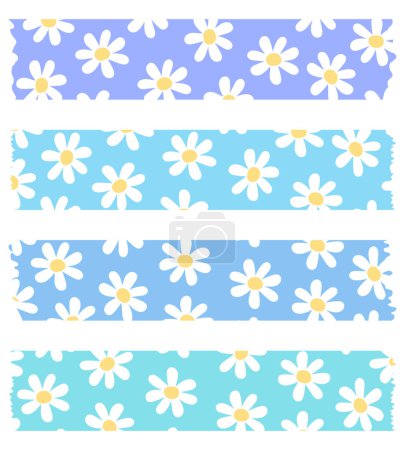 Set of colorful washi tapes with flowers isolated on white. Washi tapes collection in vector. Pieces of decorative tape for scrapbooks. Blue torn paper. Pattern with daisies