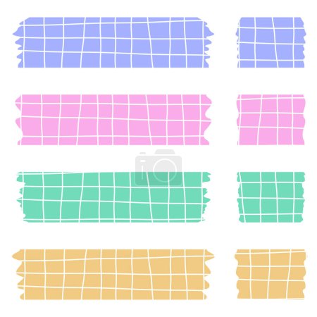 Set of colorful washi tapes isolated on white. Washi tapes collection in vector. Pieces of decorative tape for scrapbooks. Torn paper. Pattern with lines and cells