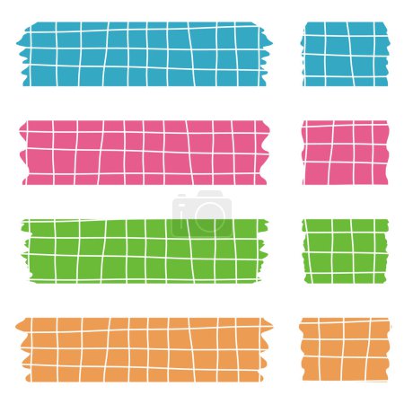 Ein Set farbenfroher Washi-Bänder isoliert auf weiß. Washi Tapes Sammlung in Vektor. Stücke von dekorativem Band für Sammelalben. Zerrissenes Papier. Muster mit Linien und Zellen