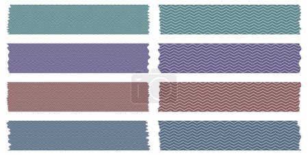 Set of colorful washi tapes isolated on white. Washi tapes collection in vector. Pieces of decorative tape for scrapbooks. Torn paper. Pattern with zig zag lines