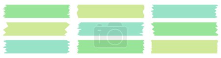 Illustration for Set of green washi tapes isolated on white. Washi tapes collection in vector. Pieces of decorative tape for scrapbooks. Torn paper. Spring, summer, holiday, nature, eco - Royalty Free Image