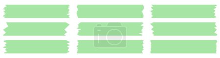 Ilustración de Conjunto de cintas washi verdes aisladas en blanco. Colección de cintas Washi en vector. Trozos de cinta decorativa para álbumes de recortes. Papel roto. Primavera, verano, vacaciones, naturaleza, eco - Imagen libre de derechos