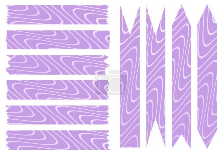 Ein Set lila Washi-Bänder mit abstraktem Muster, isoliert auf weiß. Washi Tapes Sammlung in Vektor. Stücke von dekorativem Band für Sammelalben. Zerrissenes Papier. Frühling, Sommer, Urlaub