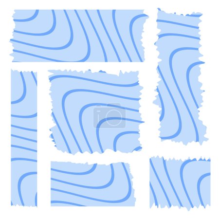 Set blauer Washi-Bänder mit abstraktem Muster isoliert auf weiß. Washi Tapes Sammlung in Vektor. Stücke von dekorativem Band für Sammelalben. Zerrissenes Papier. Frühling, Sommer, Urlaub