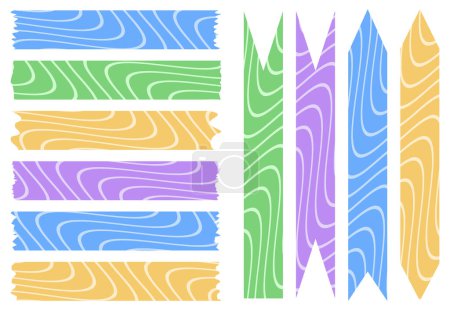 Ein Set bunter Washi-Bänder mit abstrakten Mustern, isoliert auf weiß. Washi Tapes Sammlung in Vektor. Stücke von dekorativem Band für Sammelalben. Zerrissenes Papier. Frühling, Sommer, Urlaub
