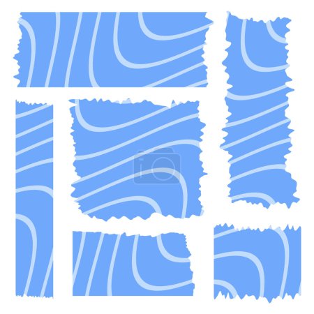 Ensemble de bandes washi bleues avec motif abstrait isolé sur blanc. Collection de rubans Washi en vecteur. Pièces de ruban décoratif pour albums. Du papier déchiré. Printemps, été, vacances