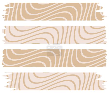 Set aus braunen Washi-Bändern mit abstrakten Mustern, isoliert auf weiß. Washi Tapes Sammlung in Vektor. Stücke von dekorativem Band für Sammelalben. Zerrissenes Papier. Frühling, Sommer, Urlaub