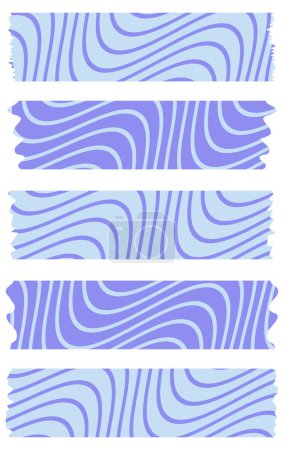Ilustración de Conjunto de cintas washi azules con patrón abstracto aislado en blanco. Colección de cintas Washi en vector. Trozos de cinta decorativa para álbumes de recortes. Papel roto. Primavera, verano, vacaciones - Imagen libre de derechos