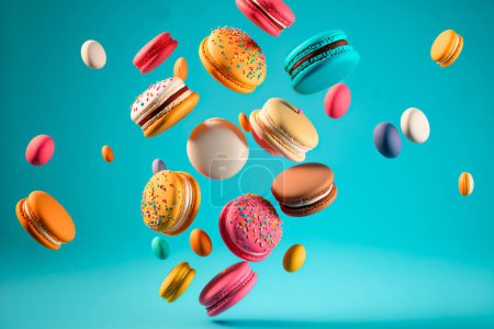 Photo for Colorful macaroons falling on a blue background. Generative AI. - Royalty Free Image