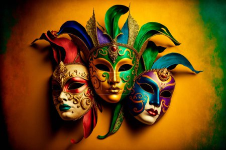 Photo for Venetian carnival masks and beads decoration. Mardi gras background. Generative AI. - Royalty Free Image