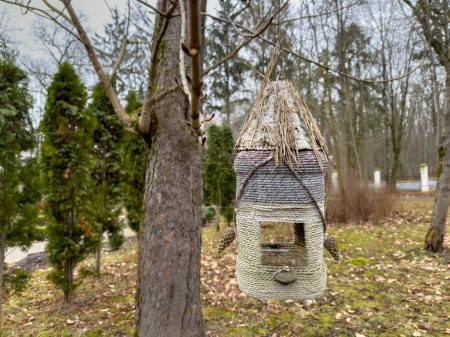 Téléchargez les photos : Vue panoramique d'un petit nichoir en osier magnifique sur le parc. Maison de semences d'oiseaux suspendue dans l'arbre et se déplaçant dans le vent. Mangeoire en osier. - en image libre de droit