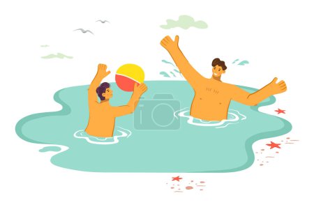 Illustration for Two people playing beach ball water, sea vacation leisure activity. Young adults enjoying sunny day seaside, holiday fun. Man woman swimwear tossing beach ball, cheerful summer scene - Royalty Free Image