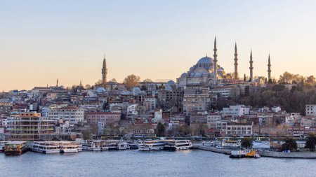 Photo for Suleymaniye mosque in Sultanahmet district old town of Istanbul, Turkey, Sunset in Istanbul, Turkey with Suleymaniye Mosque, Beautiful sunny view of Istanbul with old mosque in Istanbul, Turkiye. - Royalty Free Image