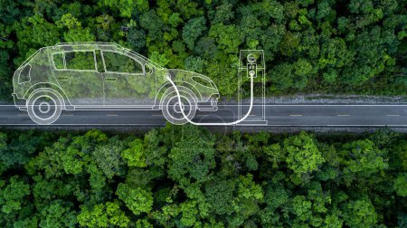 Photo for Electric vehicle car going through forest, EV electrical energy for environment, Nature power technology sustainable devlopment goals green energy, Ecosystem ecology healthy environment road trip - Royalty Free Image