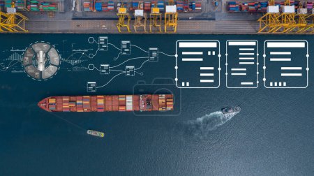 Künstliche Intelligenz-Technologie für futuristische automatische globale Geschäftsgüter-Container-Frachtschifffahrt-Logistik, KI-Technologie für Geschäftslogistik und Transportkonzept.