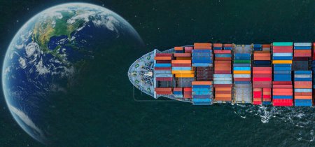 Photo for Container ship carrying container for import and export, business logistic and transportation by container ship in open sea, Aerial view container ship with copy space for design banner web - Royalty Free Image
