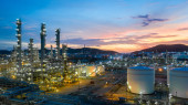Aerial view oil and gas tank with oil refinery background at night, Glitter lighting of petrochemical plant with night, Manufacturing of petroleum, Products tank in petrochemical plant. puzzle #671304024