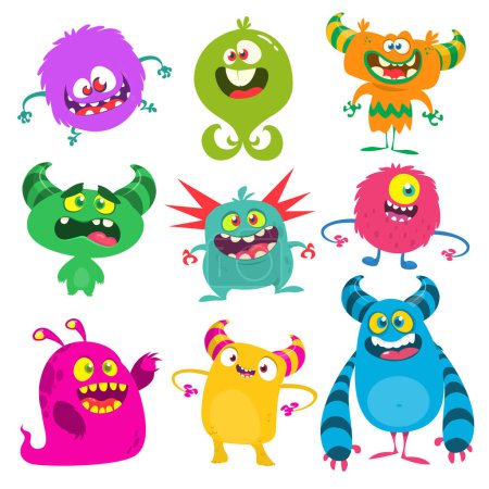 Monstruos de dibujos animados lindos. Conjunto de monstruos de dibujos animados: duende o troll, cíclope, fantasma, monstruos y alienígenas. Diseño de Halloween