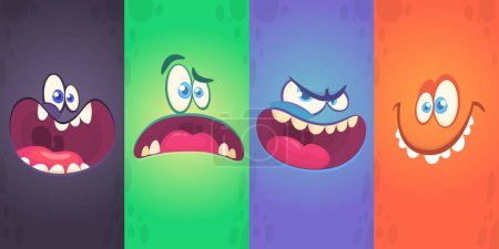 Caras de monstruo de dibujos animados. Colección vectorial de cuatro avatares monstruo de Halloween con diferentes expresiones faciales