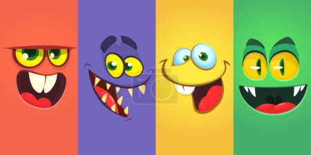 Cartoon monster faces set. Vector collection of four Halloween monster avatars with different face expressions