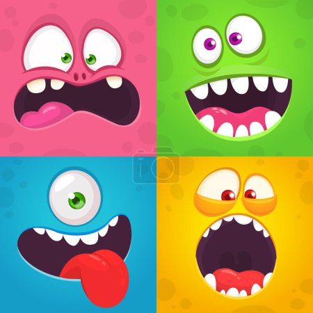 Zeichentrick-Monster Gesichter gesetzt. Vektorsammlung von vier Halloween Monster Avataren mit unterschiedlichen Gesichtsausdrücken