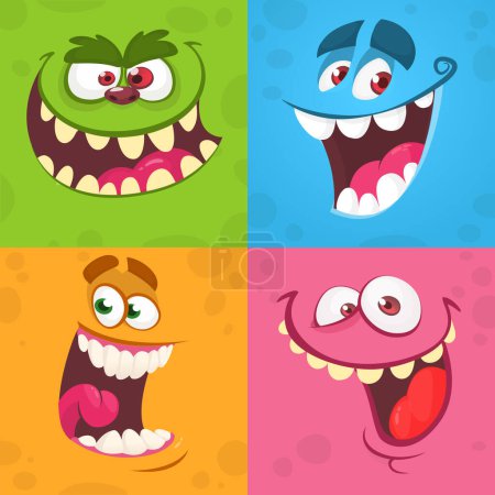 Caras de monstruo de dibujos animados. Colección vectorial de cuatro avatares monstruo de Halloween con diferentes expresiones faciales