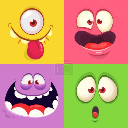 Cartoon monstres visages réglés. Collection vectorielle de quatre avatars monstre Halloween avec différentes expressions du visage
