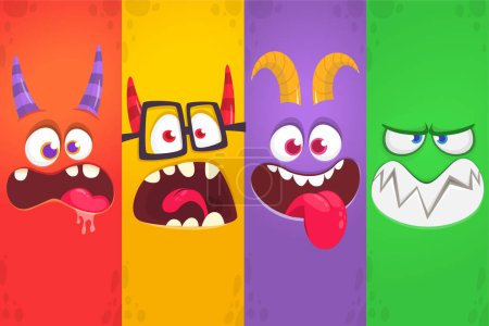 Funny cartoon monster faces emotions set. Illustration of mythical alien creatures different expression. Halloween party design. Great package design. Vector isolated