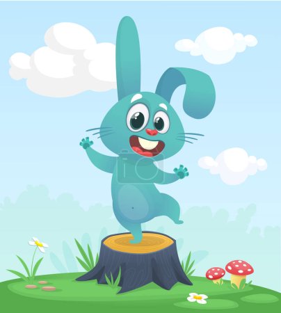 Cartoon funny and happy rabbit standing on the summer meadow on the tree stump. Vector illustration of easter bunny hare isolated
