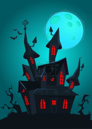 Cartoon haunted old house with the moon in background. Vetor illustration isolate