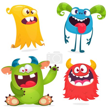 Monstruos de dibujos animados lindos. Conjunto de monstruos de dibujos animados: fantasma, duende, yeti pie grande, troll, dragón y alienígena. Diseño de Halloween