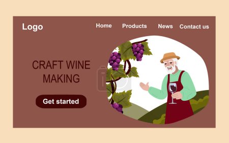Illustration for Farmer taking glass of wine and invites to taste his wine on vineyards background. Craft wine making. Vector website landing page design template. Vector illustration - Royalty Free Image