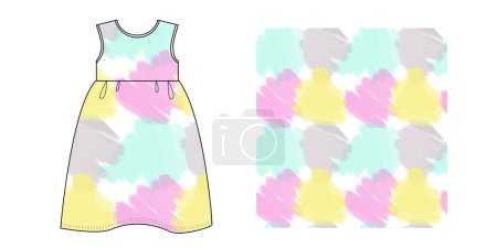 Illustration for KID GIRLS WEAR SLEEVELESS DRESS with pattern of pastel watercolor spots. Vector illustration - Royalty Free Image