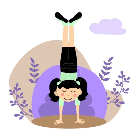 Illustration for Cute cartoon little girl doing yoga. Gymnastic, yoga and meditation for children. Kids yoga concept. Vector illustration. Vector illustration - Royalty Free Image