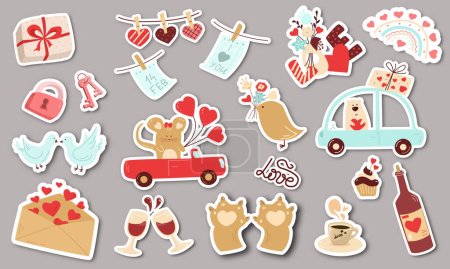 Illustration for Cute set of printable stickers for Valentines Day. Little style. Romantic vector illustration for postcards, sites, print. Vector illustration - Royalty Free Image