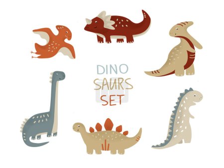 Lindo juego ingenuo de dino. Colección de dinosaurios abstractos en tonos boho para niños. Paquete dino vectorial estilizado. Ilustración vectorial