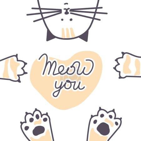 Vector lettering Meow you with cute cat, heart and paws print. Sketch drawing kitten meow you slogan poster. Vector illustration
