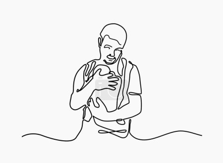 Hombre con un bebé en un cabestrillo continuo de una línea de dibujo. Concepto de padre vistiendo niños. Ilustración vectorial