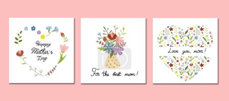 Happy Mothers Day vector greeting cards set with spring flowers. Floral doodle design with hand lettering. Vector illustration