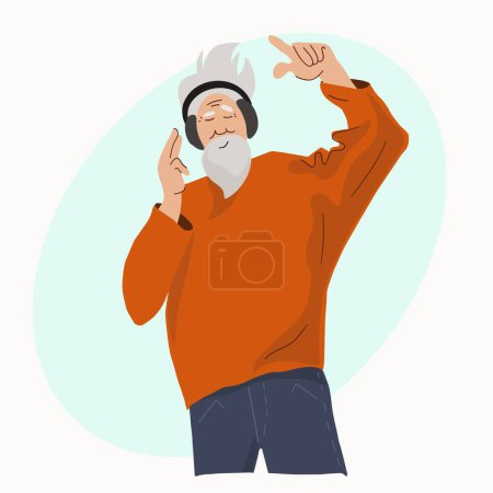 Ilustración de Un anciano con apariencia informal escucha y disfruta de la música en los auriculares. Feliz concepto de vejez. Personas en edad de jubilación y gadgets - Imagen libre de derechos
