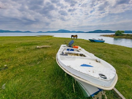 Téléchargez les photos : Beau paysage autour du lac Plastira à Karditsa, Grèce avec des bateaux et des chevaux en vue près de Neochori. - en image libre de droit