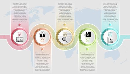 Illustration for Infographic pipe template with a circle diagram 5 stages with a description box and a map of the world behind it. - Royalty Free Image