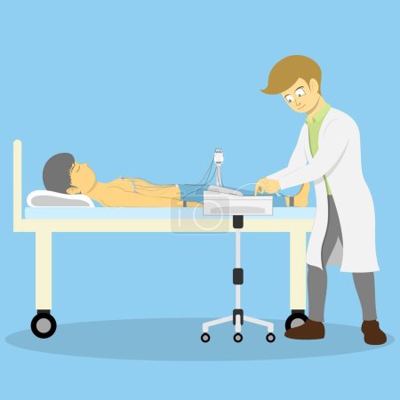 Illustration for The doctor is conducting an electrocardiogram on the patient. ECG can be used to detect abnormalities in heart rhythm, heart rate, arrhythmia, heart failure, high blood pressure, and chest pain. - Royalty Free Image