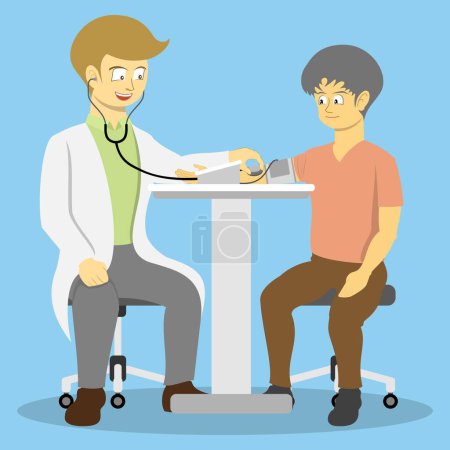 Illustration for A doctor is measuring the blood pressure of a patient.Blood pressure measurement is a measurement of the heart's function and the peripheral resistance of the blood vessels. The purpose is to help diagnose diseases and assess the patient's condition. - Royalty Free Image